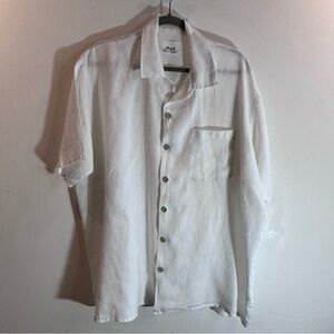 FLAX Sz XXL (estimated) Linen Shirt Grey Fabric Covered Buttons Patch Pockets